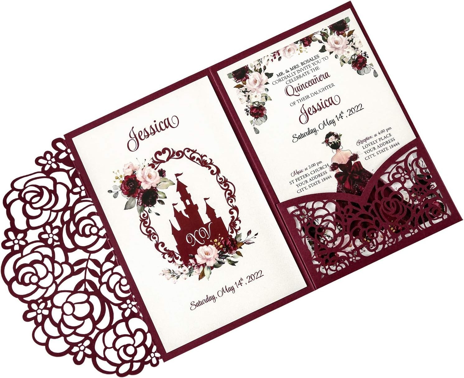 Burgundy Quinceanera Invite Kit – 4.7 x 7 inch, 50 Count