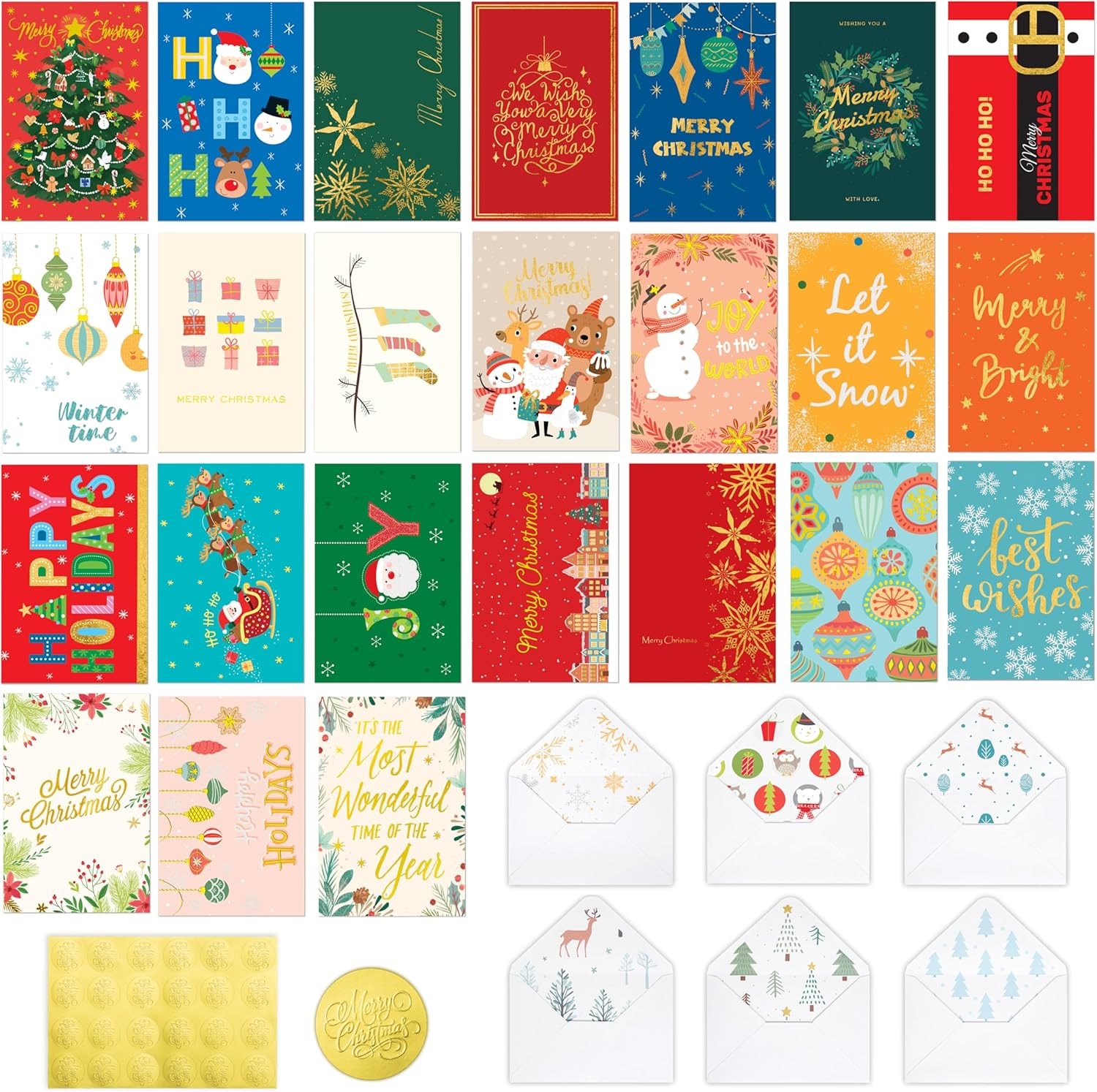 24 Pack Christmas Cards with Envelopes and Stickers, 24 4 x 6 inches, mixed