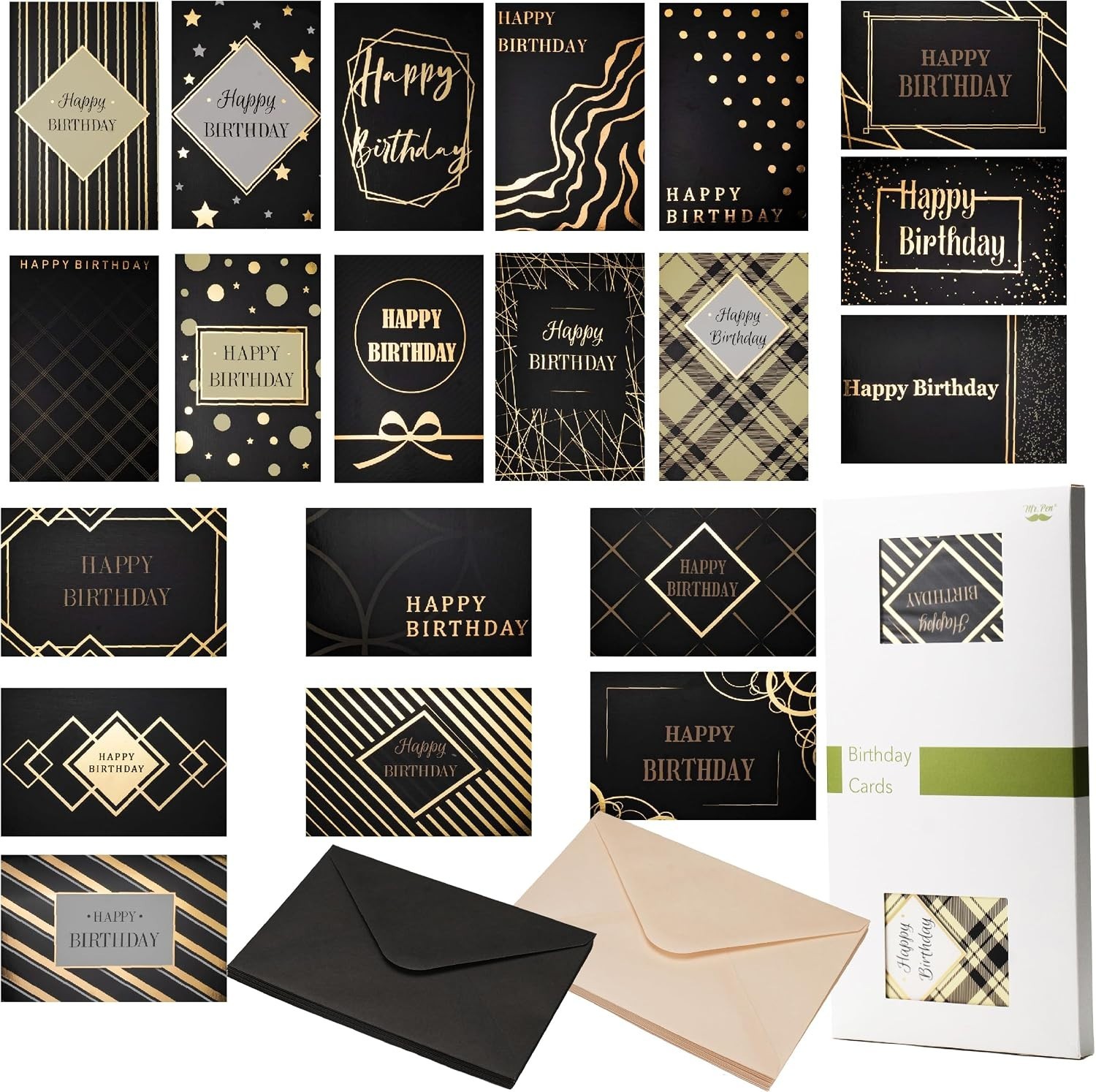 20 Beautiful Black with Gold Foil Birthday Cards – Perfect Gift for Everyone