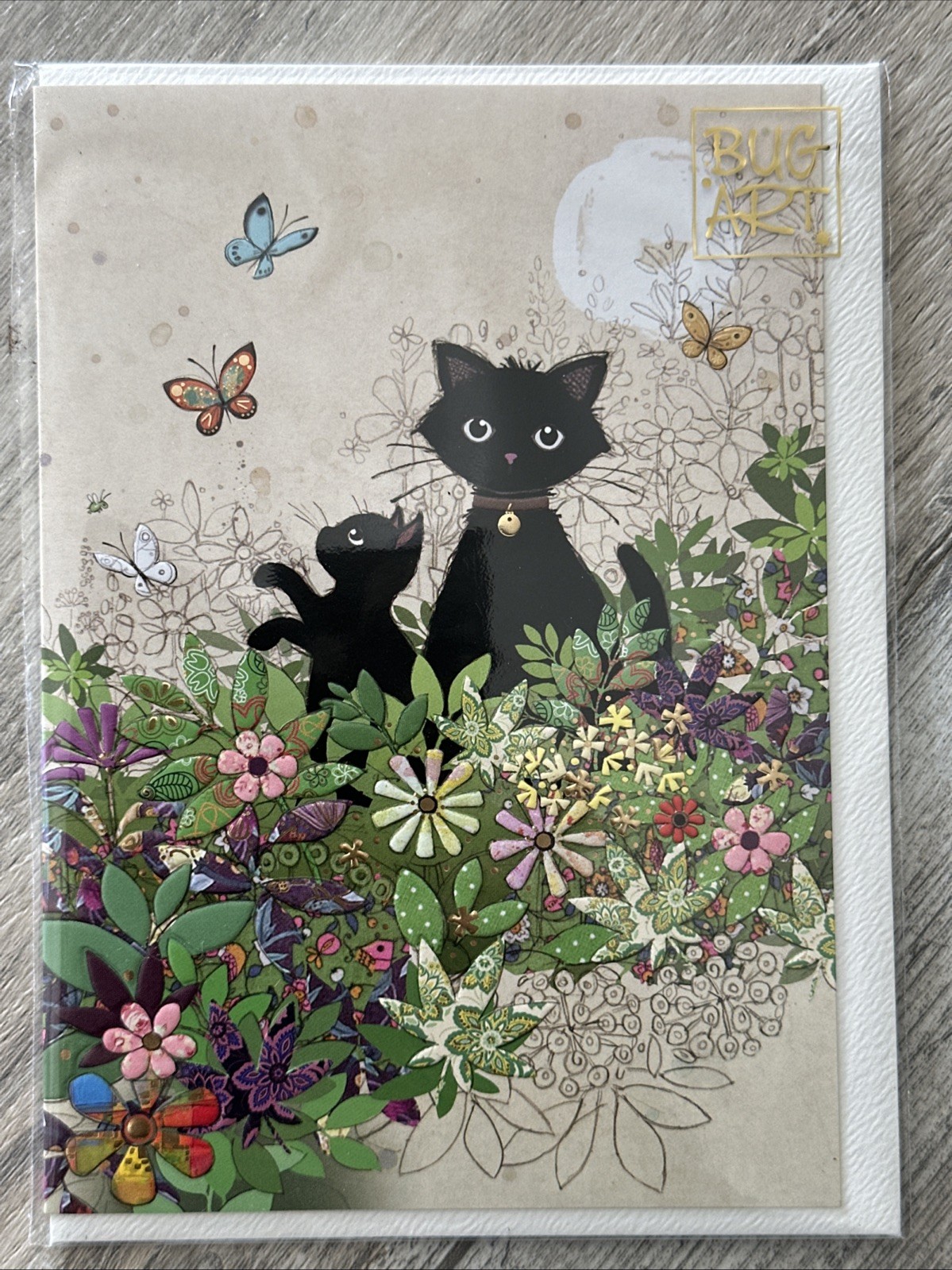 Bug Art GREETING CARD With Envelope BLANK INSIDE Garden Kitties