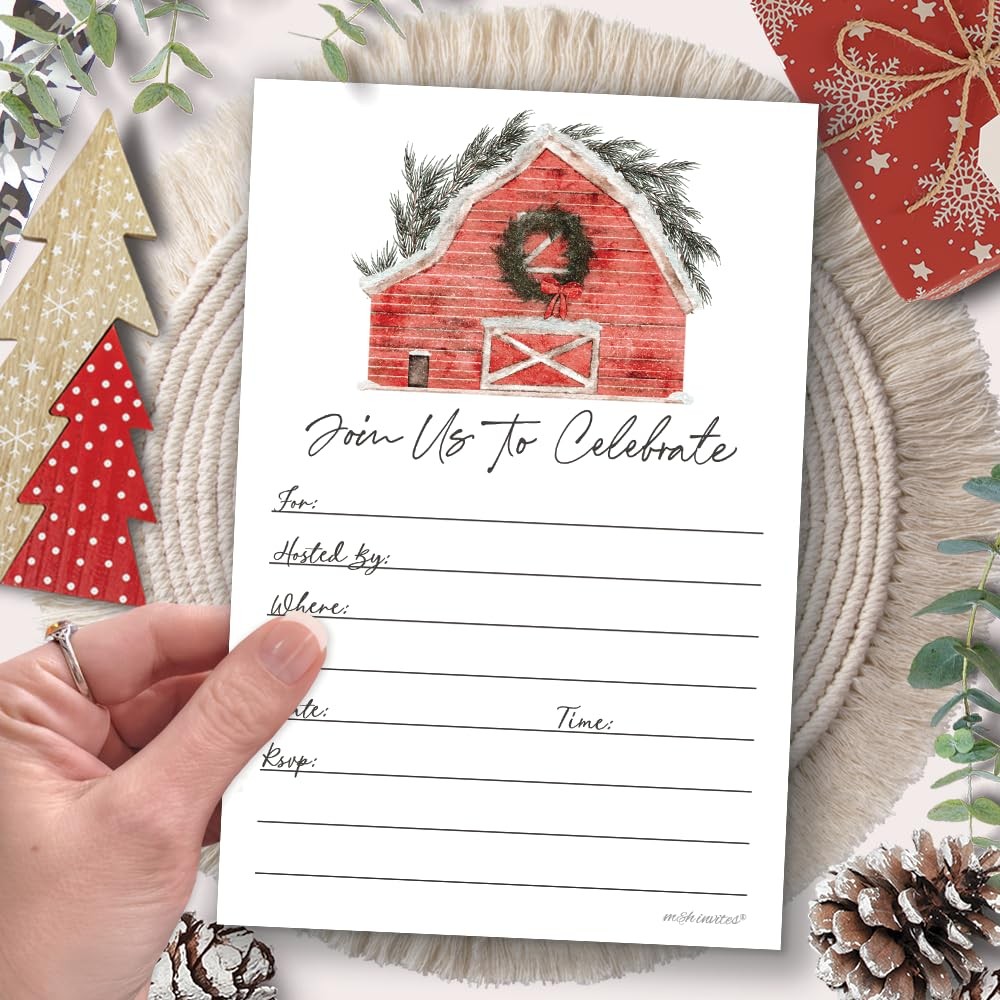 20 PCS Rustic Red Barn Christmas Invitations Watercolor Holiday Envelopes