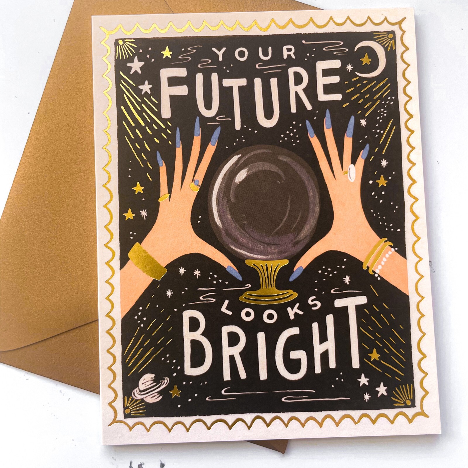 RIFLE PAPER CO. Greeting Card & Envelope – “YOUR FUTURE LOOKS BRIGHT” Gold A2