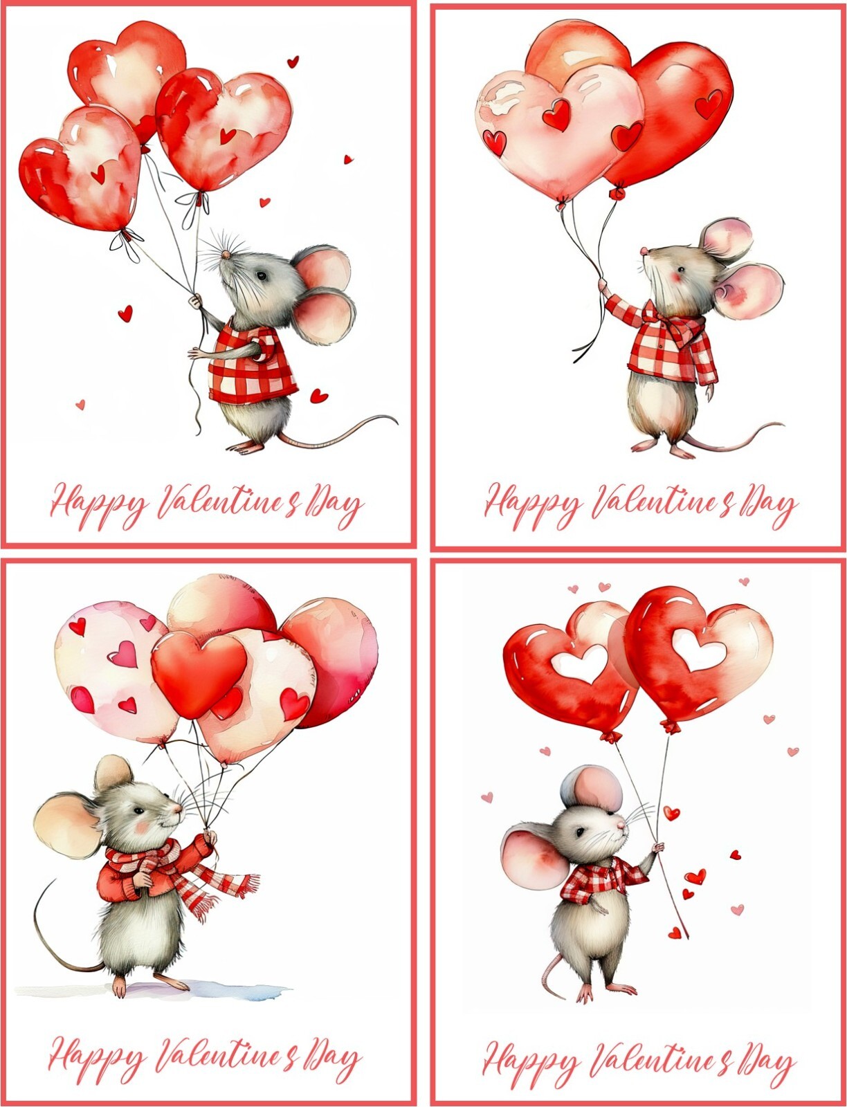 8 Valentine Mice Mouse Heart Balloons fantasy glossy fold out card envelopes