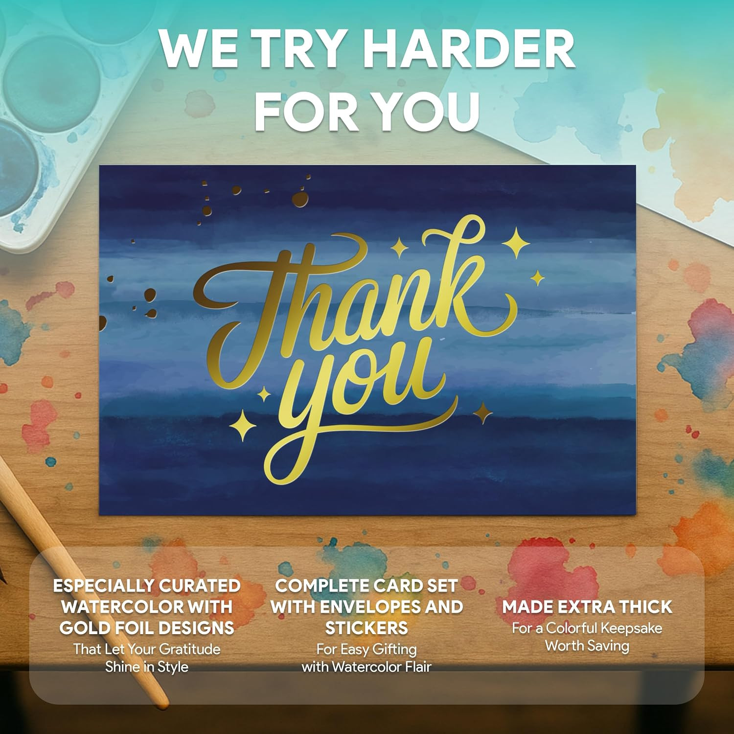 50 Pack Gold-Foiled 6x4in Watercolor Blank Thank You Cards with Envelopes Bulk a