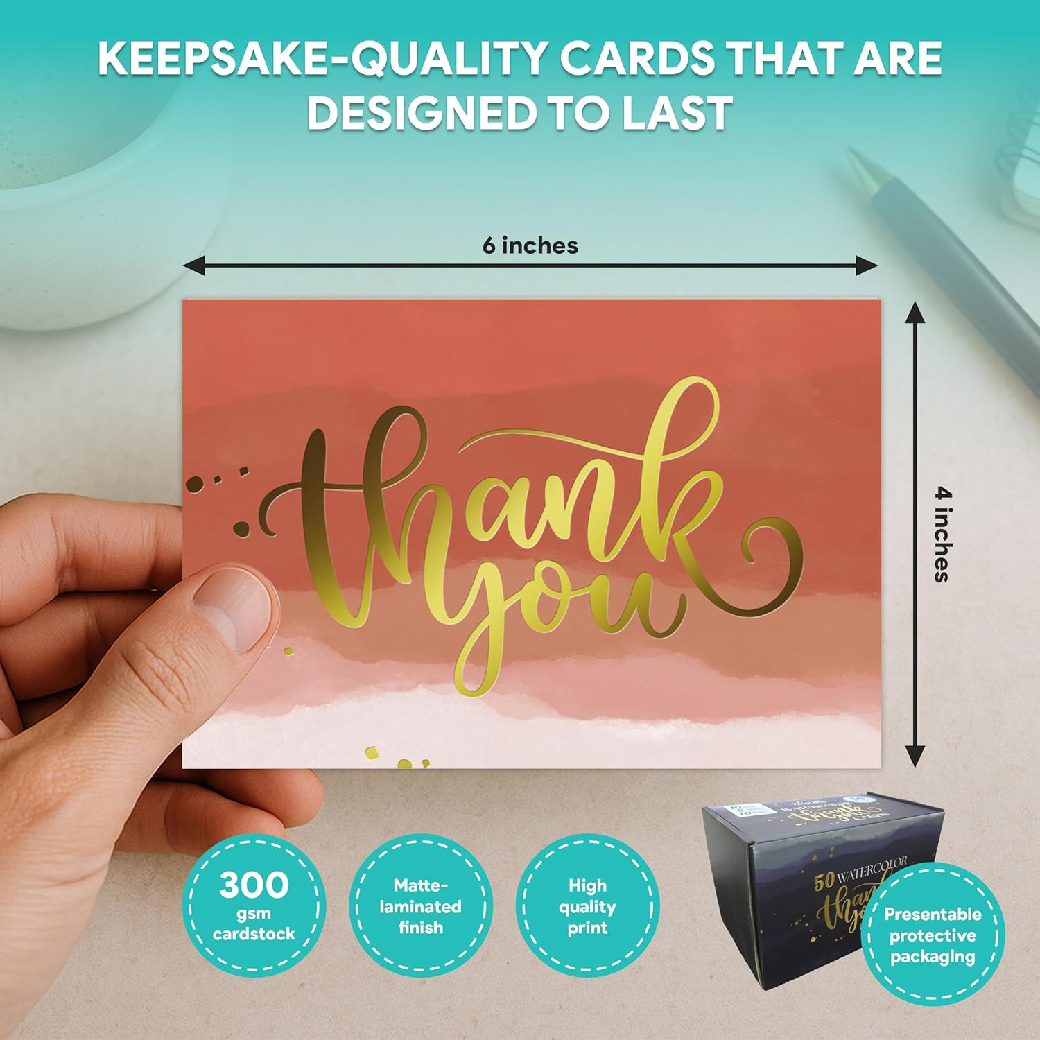 50 Pack Gold-Foiled 6x4in Watercolor Blank Thank You Cards with Envelopes Bulk a