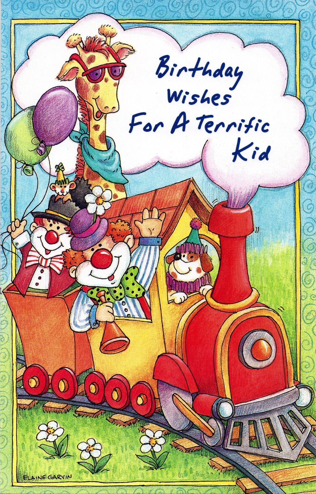 Cute BIRTHDAY Card FOR KID, Animal Clown Train by Gallant Greetings + Envelope