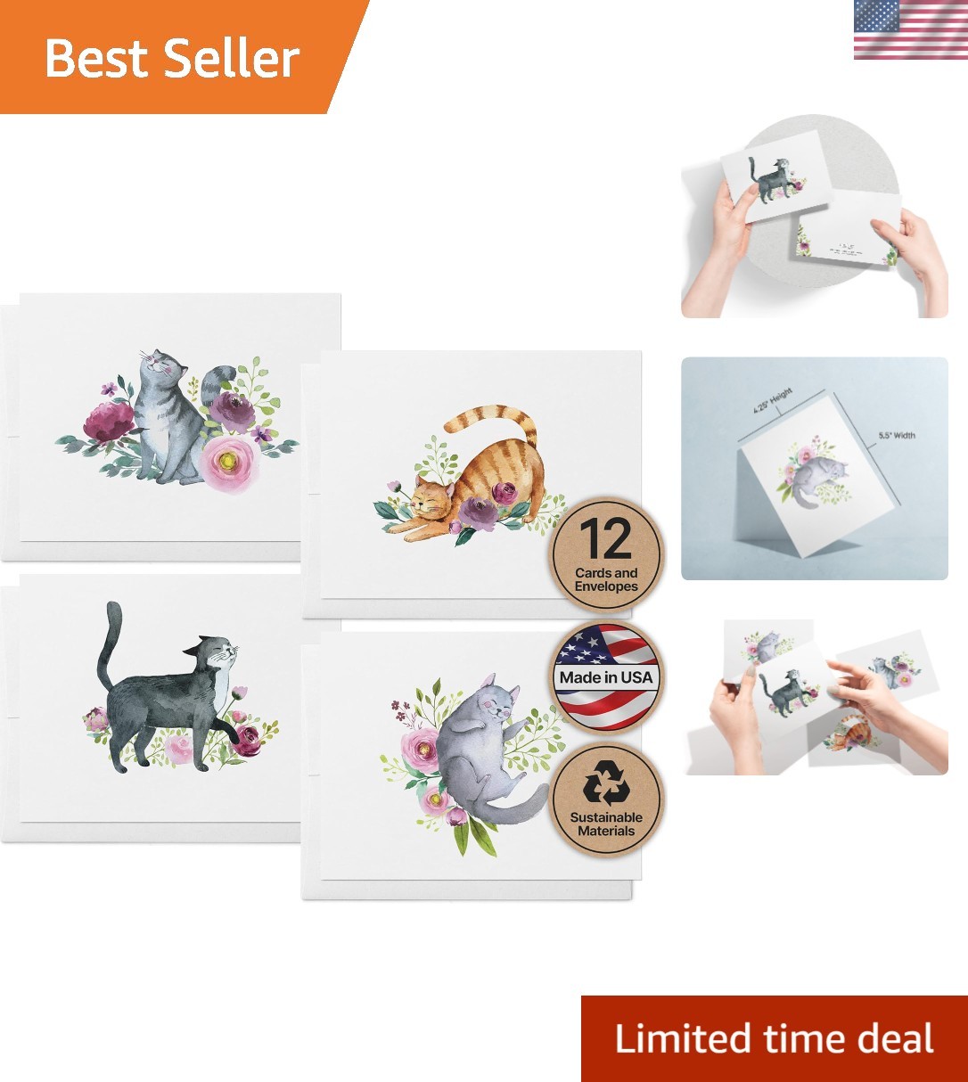 Set of 12 Assorted Cat Greeting Cards – Eco-Friendly Blank Notes with Envelopes