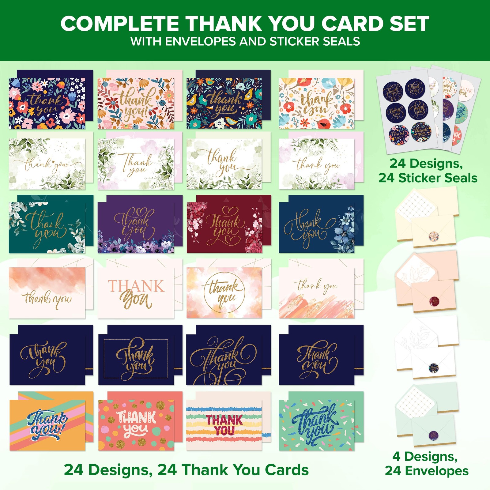 Decorably 24 Pack Glittery 6x4in Assorted Thank You Cards 6×4 inches, Glitter