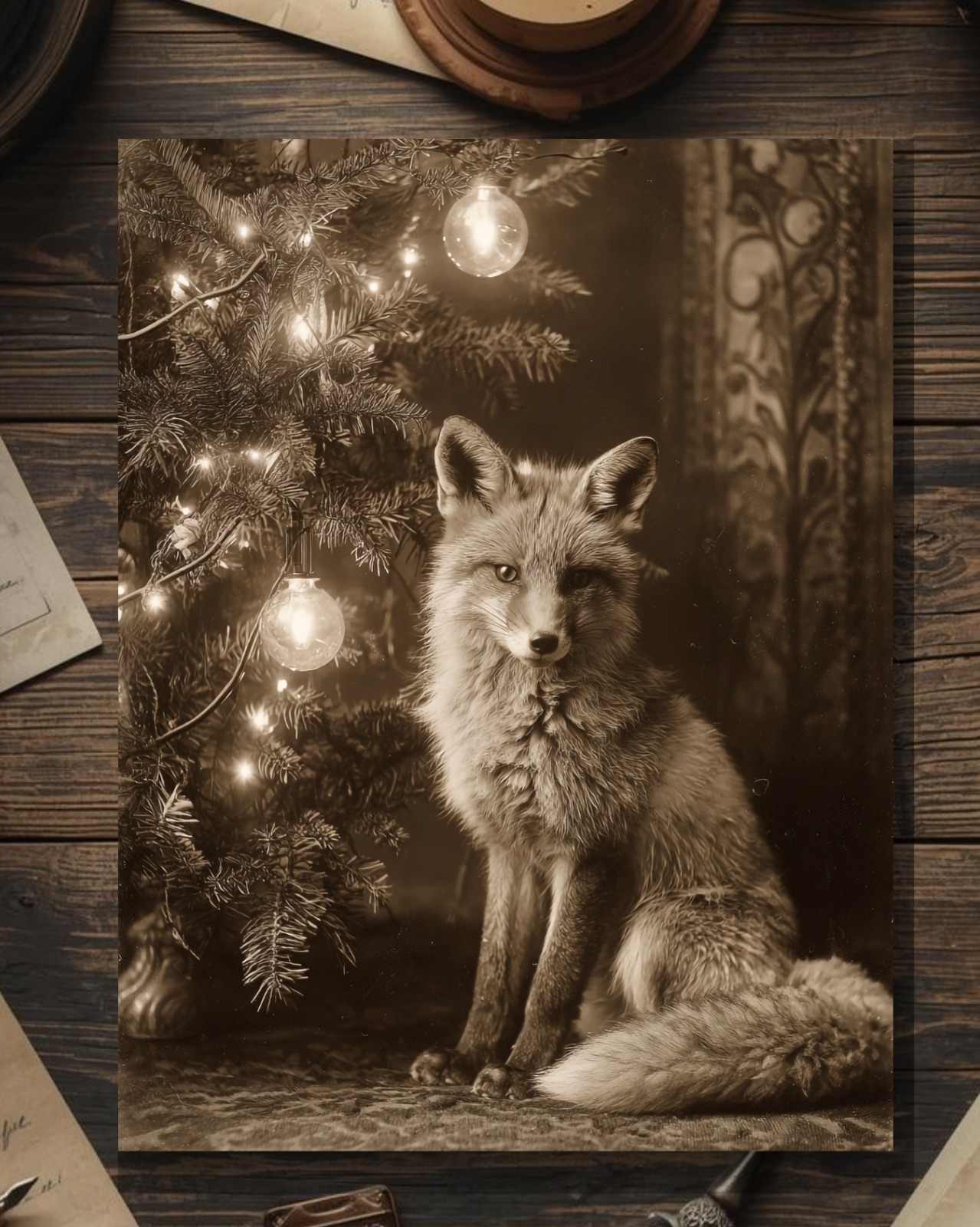 Vintage Victorian Fox Christmas Tree Gothic Holiday Card Blank Inside