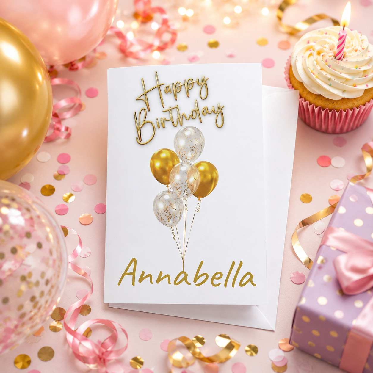 Personalized Birthday Card, Custom Name Birthday Card,Gold Balloon Birthday Card