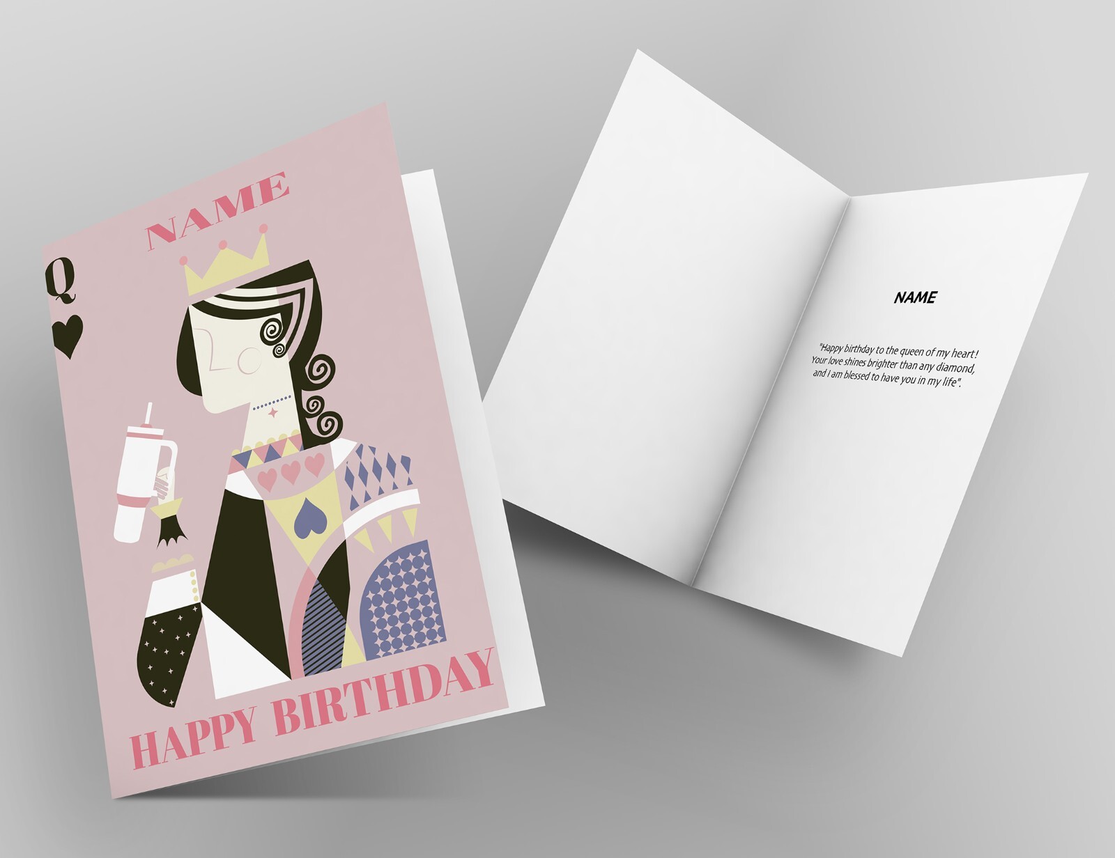 Personalized Customize Name Queen of Heart Happy Birthday Card for Girl Her Wife