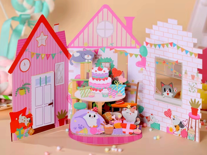3D Pop Up Birthday Greeting Card, Env. & Seal – Cats Partying in Pink House