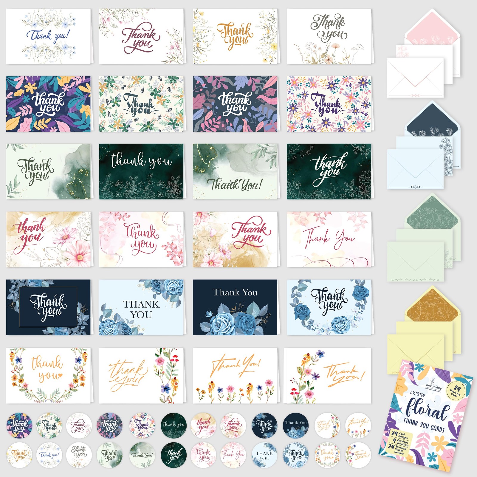 Decorably 24 Pack 6x4in Floral Assorted 6×4 inches, Thank You Cards