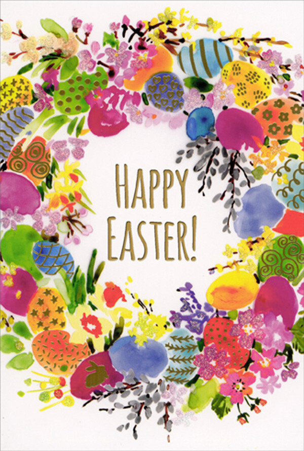 Pictura Brightly Colored Wreath Eggs and Flowers Easter Card