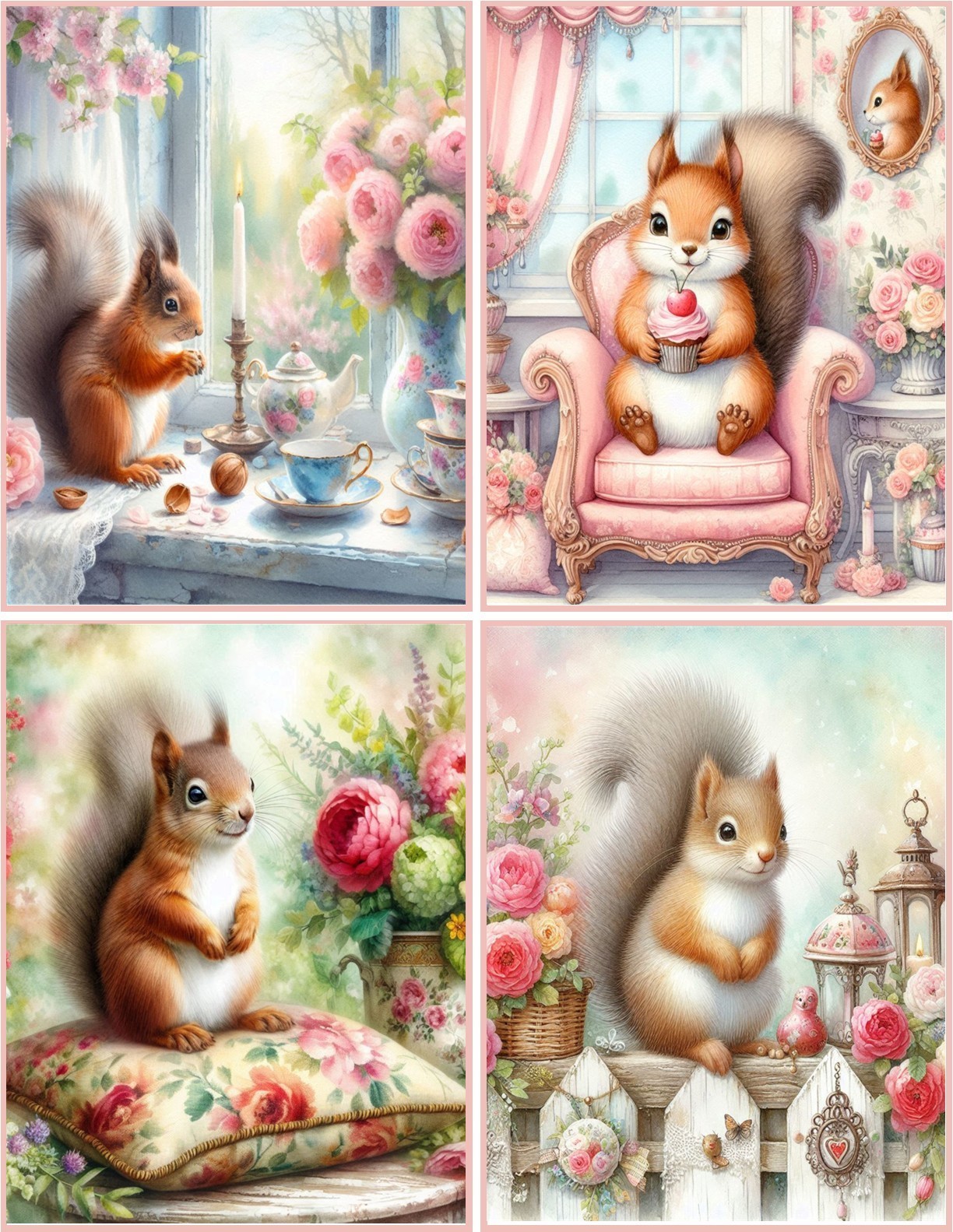 8 Squirrel Fantasy Shabby Chic Tea Cup glossy blank fold out Note Card envelopes