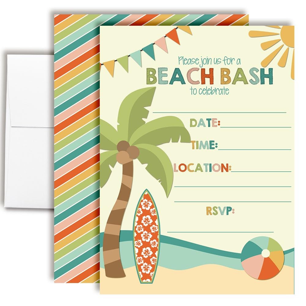 20 PCS 5×7 Inch Beach Bash Summer Birthday Party Invitations Cards Envelopes