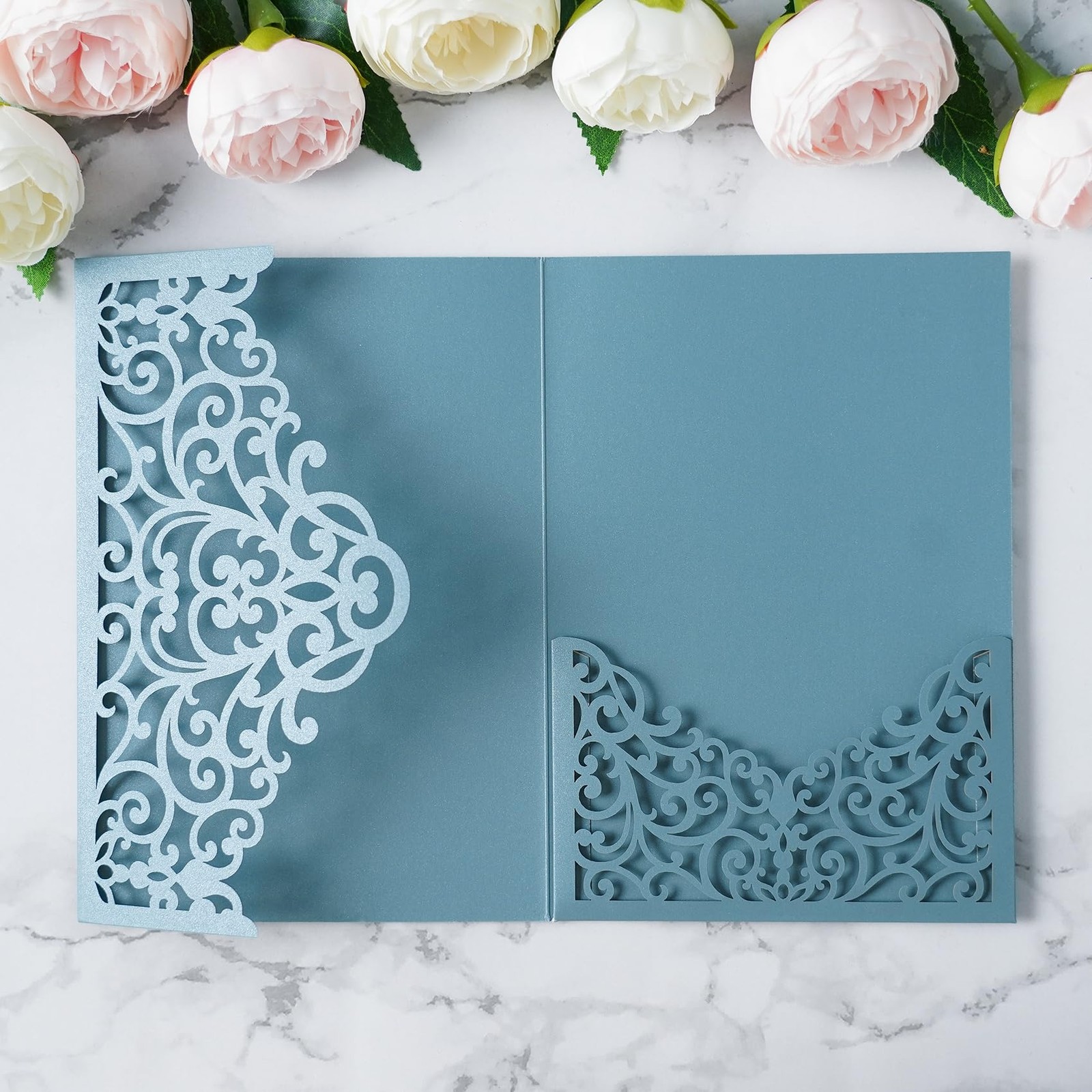 Dusty Blue Laser Cut Wedding Invitation Pockets TriFold 5×7 Inch 20 PCS