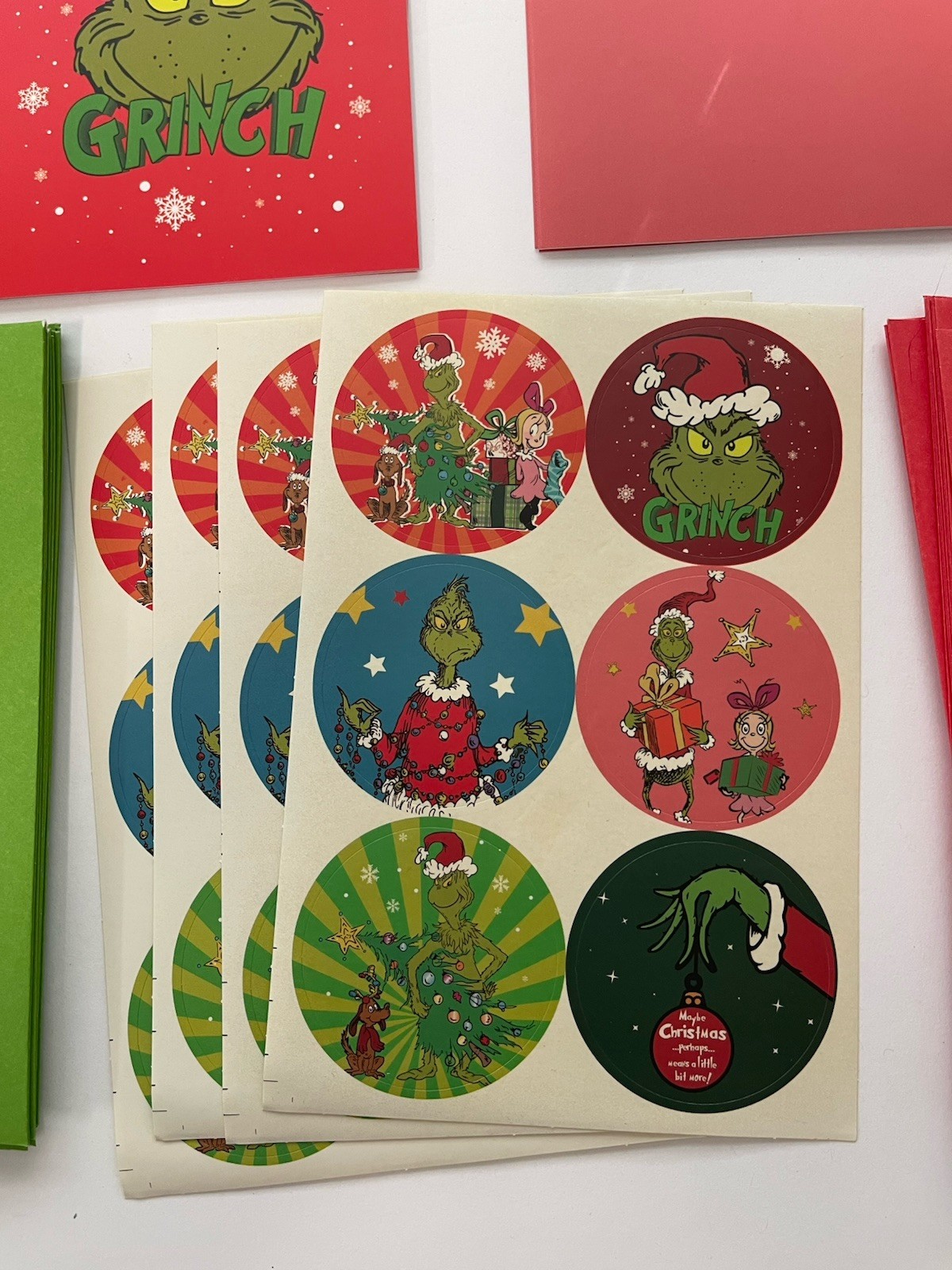 30 PK Grinch Christmas Cards W/ Envelopes & Stickers Boxed Assorted Designs