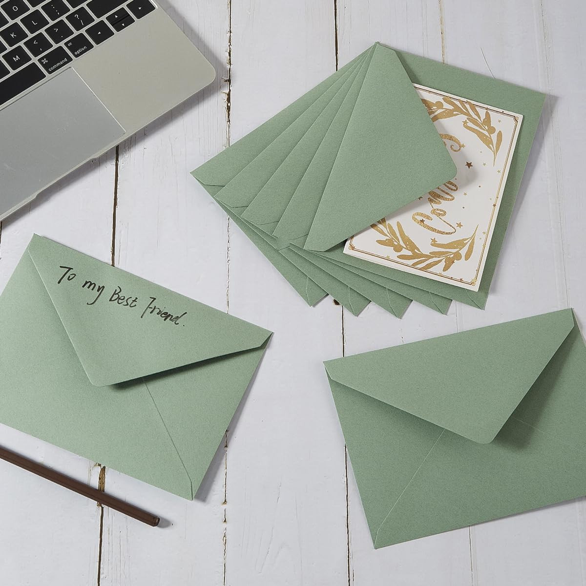50 Pieces Sage-Green A7 Envelopes With Stickers, 5.24×7.24 Inches | 5×7 Envelope