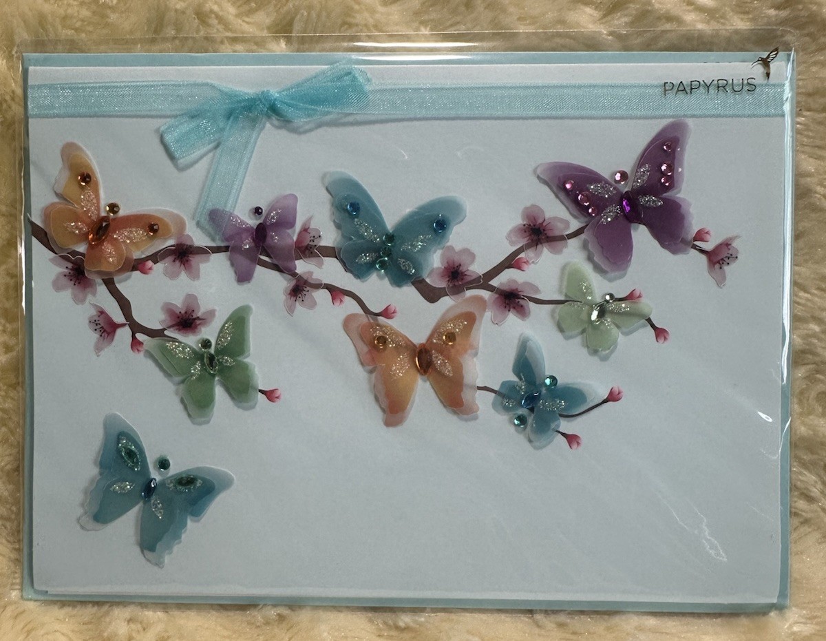 Papyrus BLANK Card All Occasion Colorful Vellum Butterflies Jewels Ribbon Branch