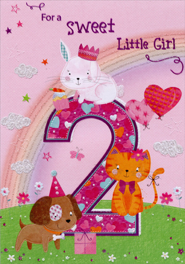 Bunny Kitten and Puppy with Rainbow Age 2 / 2nd Birthday Card for Girl