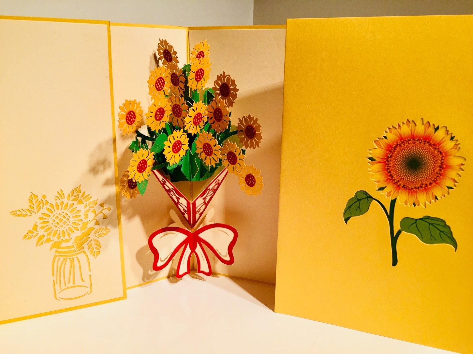 Origami Pop Cards Golden Sunflower Bouquet Wrapped in Red Ribbon 3D Pop Up Card
