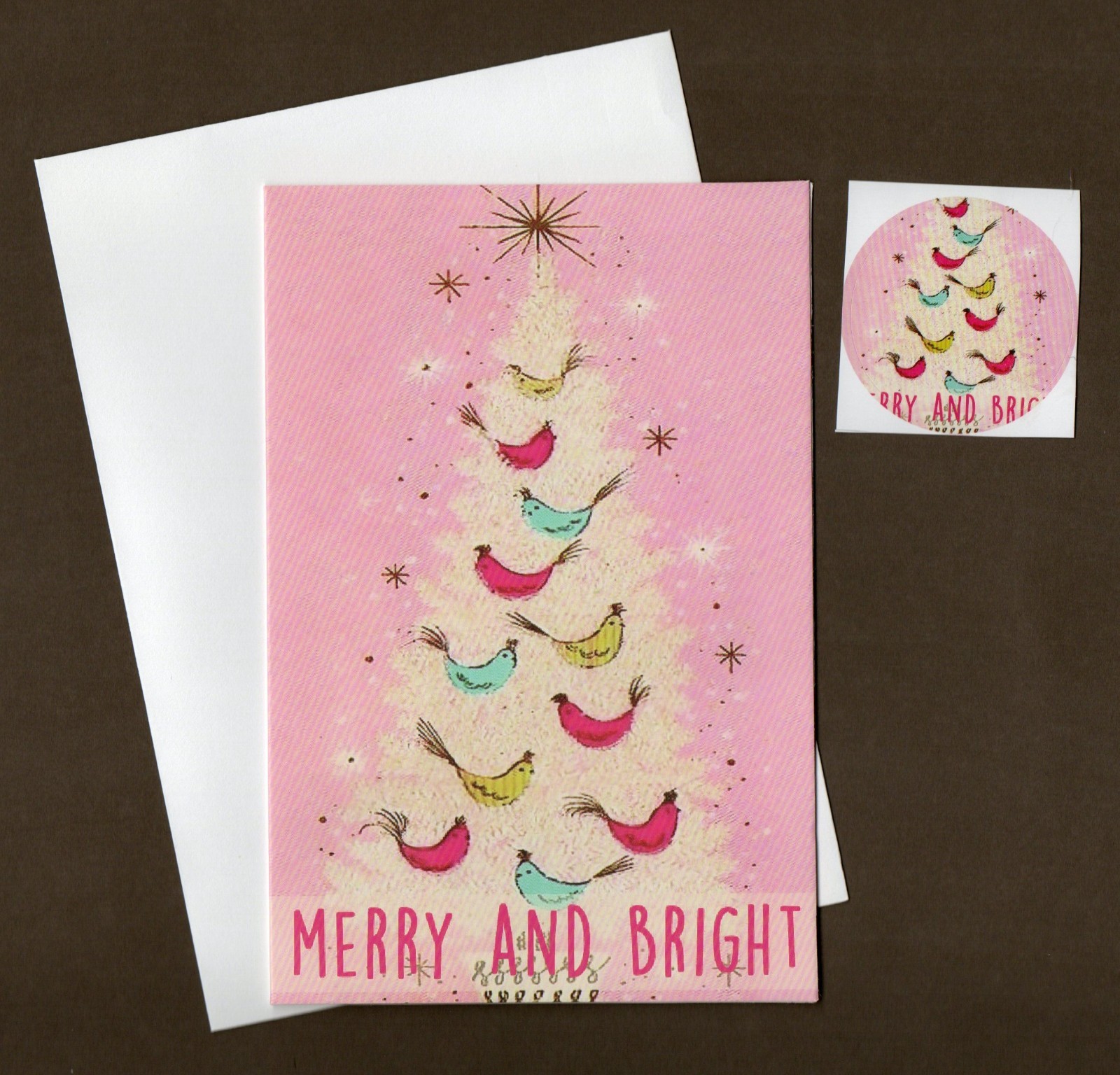 Retro Victorian Christmas Card, Tree Birds, Blank Inside Pink, w/ Matching Seal