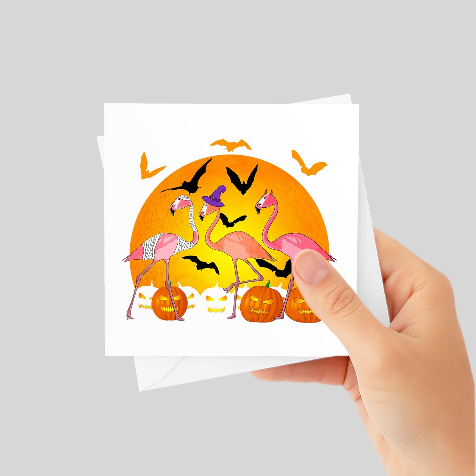 3dRose Halloween Funny Flamingos in Costumes Greeting Card 5.5″x5.5″