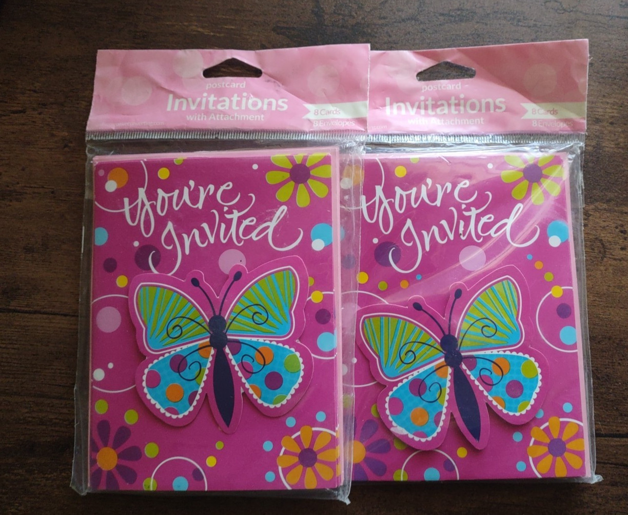 2 Packs Butterfly Party Invitations 8 Envelopes, 8 Attachments Postcard Style