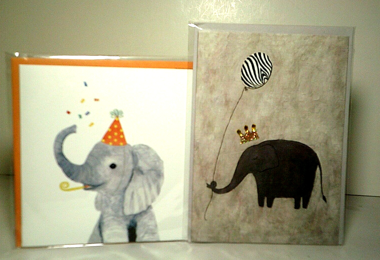 Papyrus Birthday Card Elephant Jewel Crown Balloon Confetti Party Hat Lot of 2