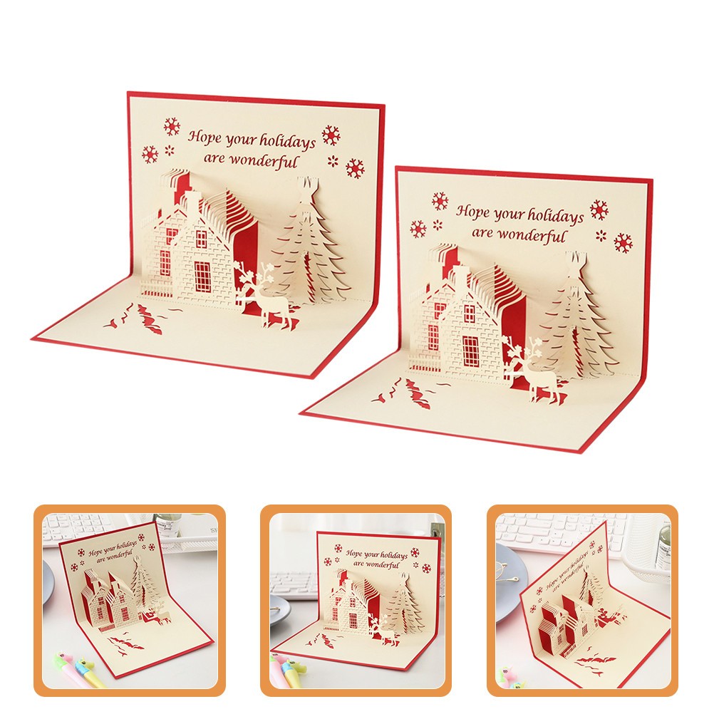 2Pcs 3D Christmas Blessing Cards Colorful Paper Greeting Cards for Holidays