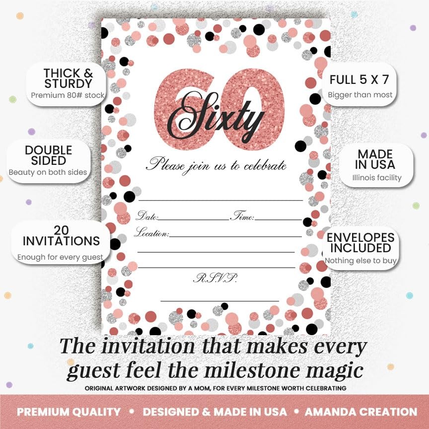 20 PCS Confetti Rose Gold Polka Dot 60th Birthday Party Invitations 5×7 Inch