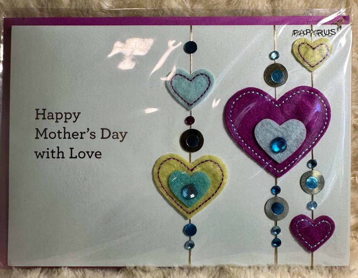 Papyrus Mother’s Day Card Layered Stitched Felt Hearts Big Bling Jewels 2016