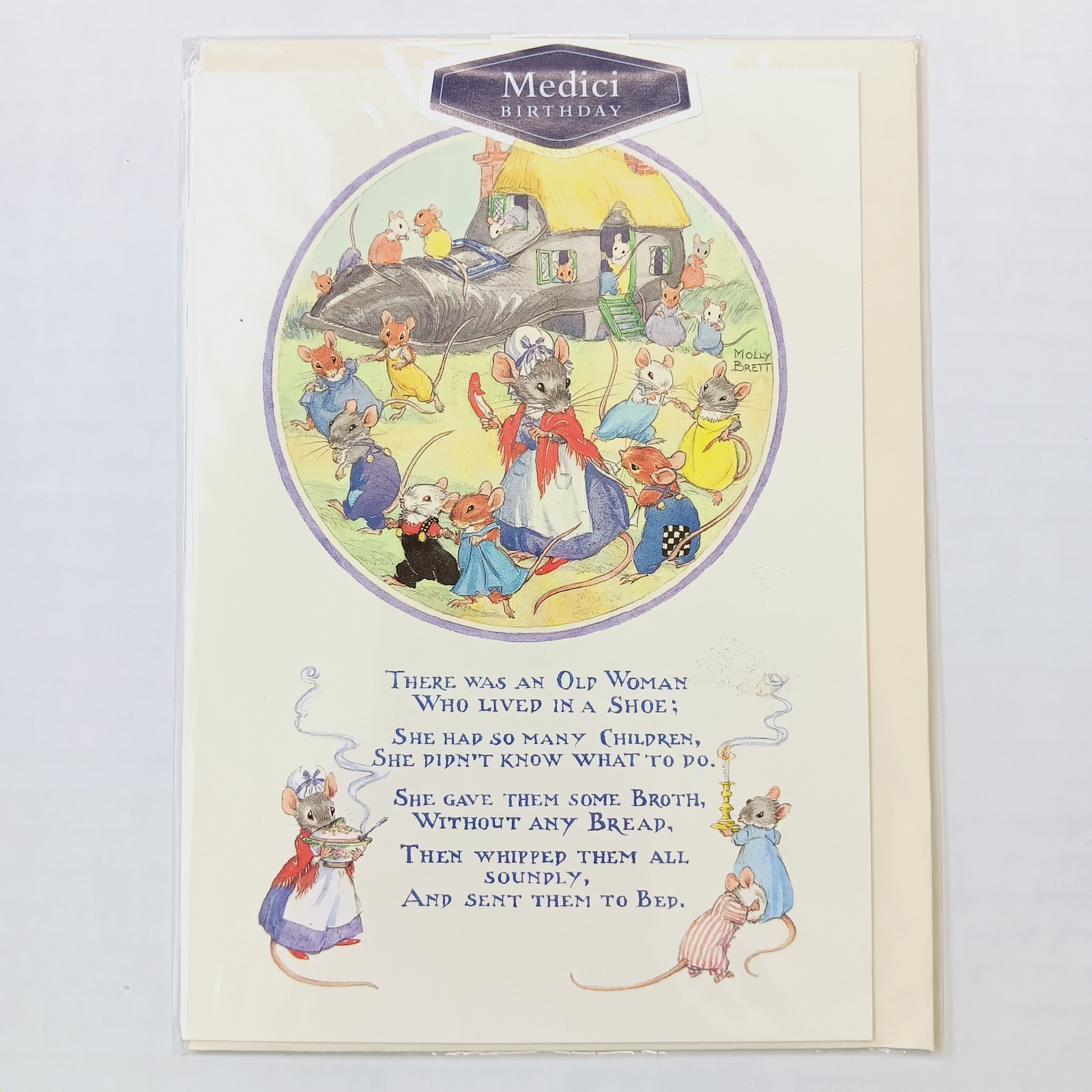 Medici Molly Brett Birthday Card Old Woman Who Lived In A Shoe 6.75″ x 4.75″