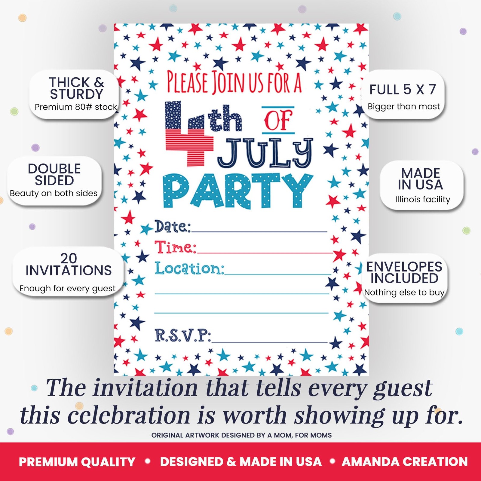 4th of July Party Invitations, 20 5×7 Fill In Cards with Twenty White Envelop