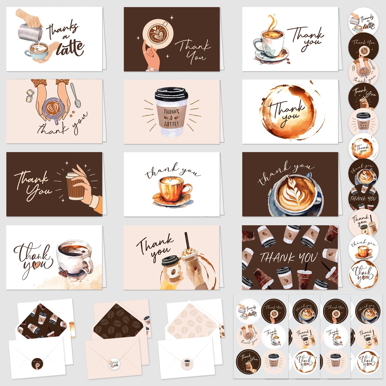 Decorably 24 Pack 6x4in Coffee Thank You Cards with Envelopes and Stickers, 12 C