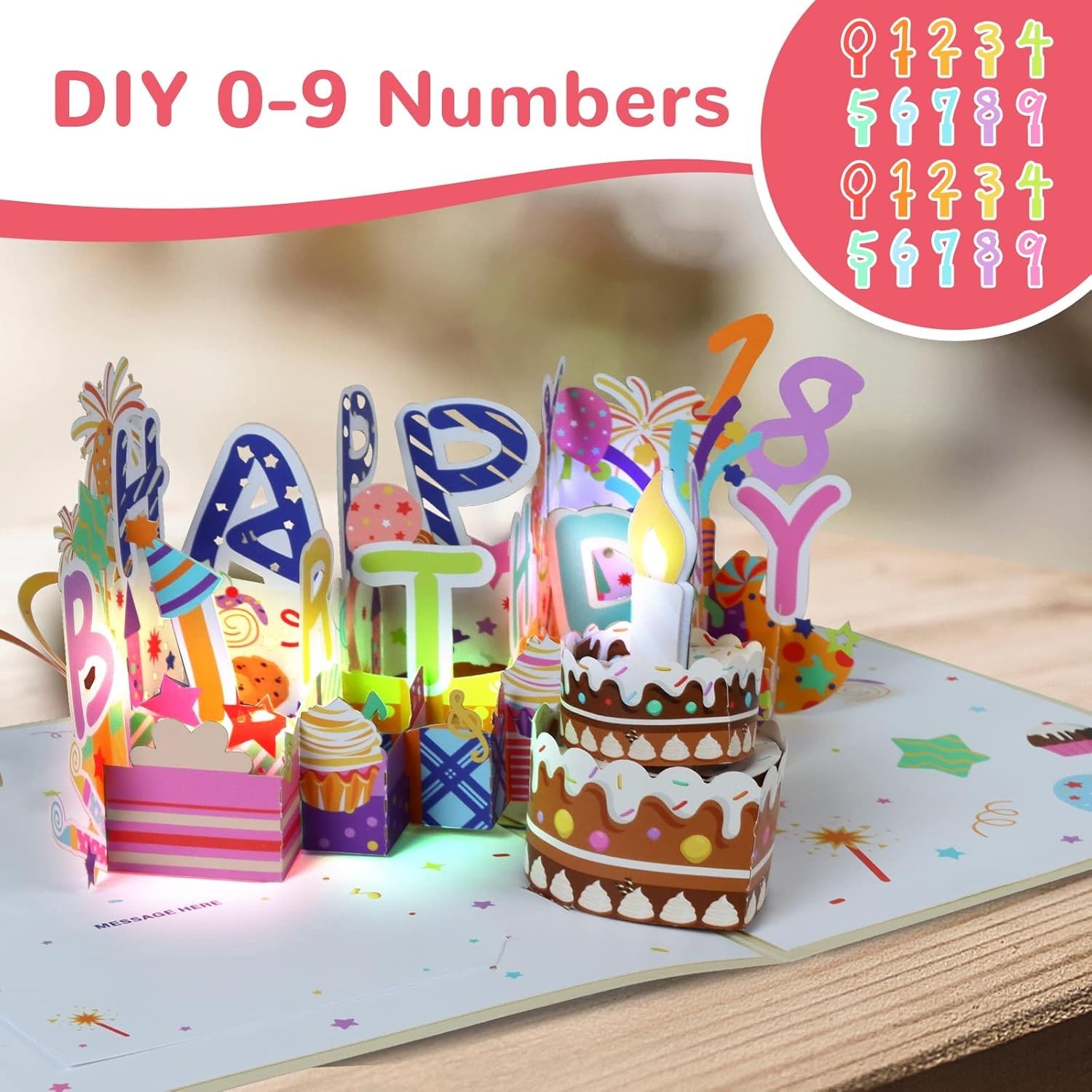 3D Musical Birthday Card with LED Candle & DIY Numbers – Unisex Celebration