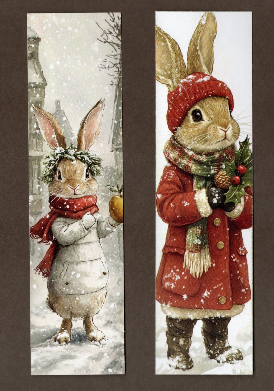 2 Bunny Rabbit Christmas Bookmarks, Holly Apple, Wearing Scarf, Holiday Snow