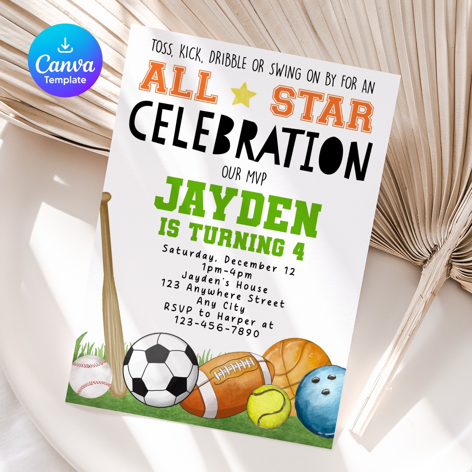 All Star Sports Birthday Invitation Editable Canva Template Printable 5×7 Invite