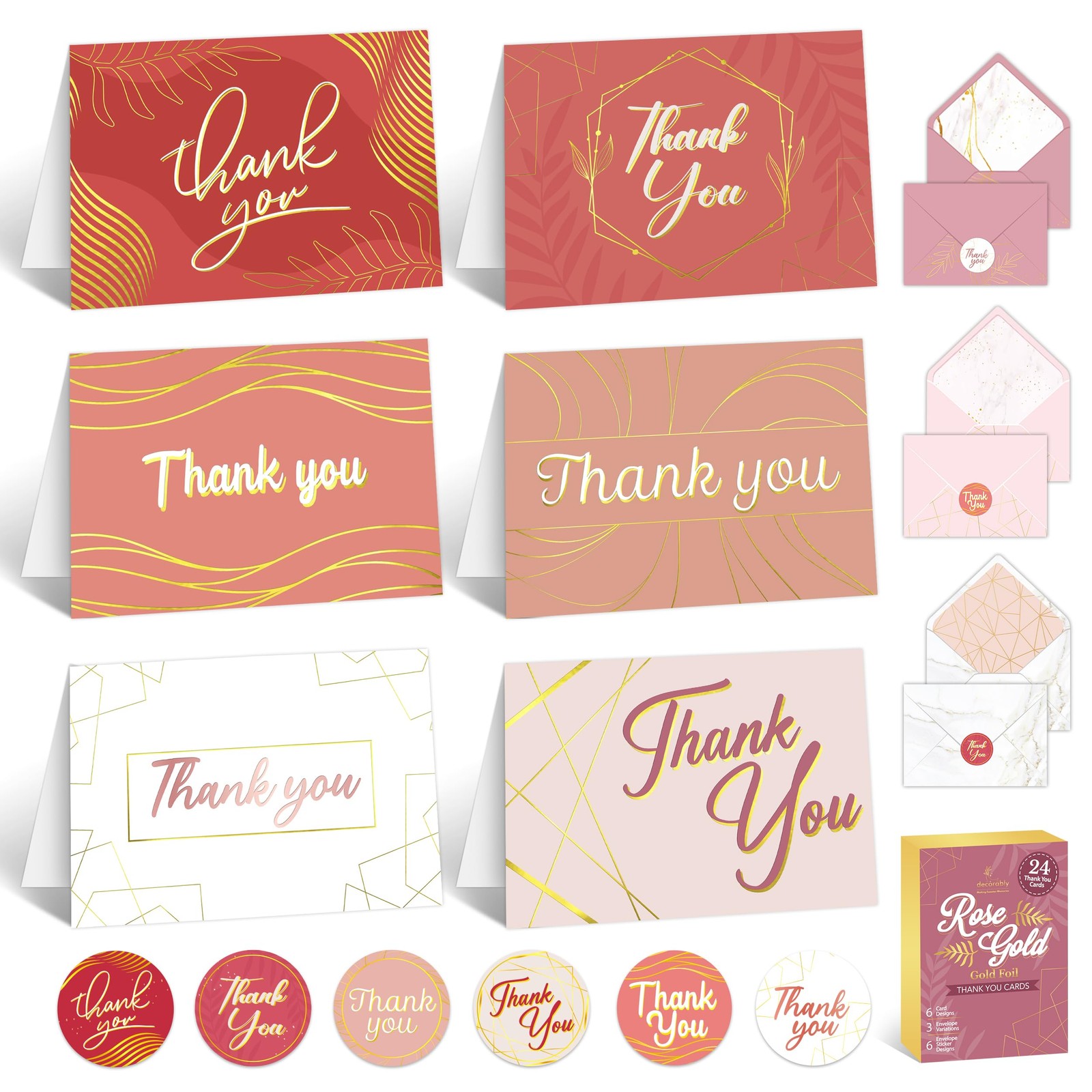 Decorably 24 Pack Foil 6x4in Rose Gold Thank You Cards with Envelopes & Stick…