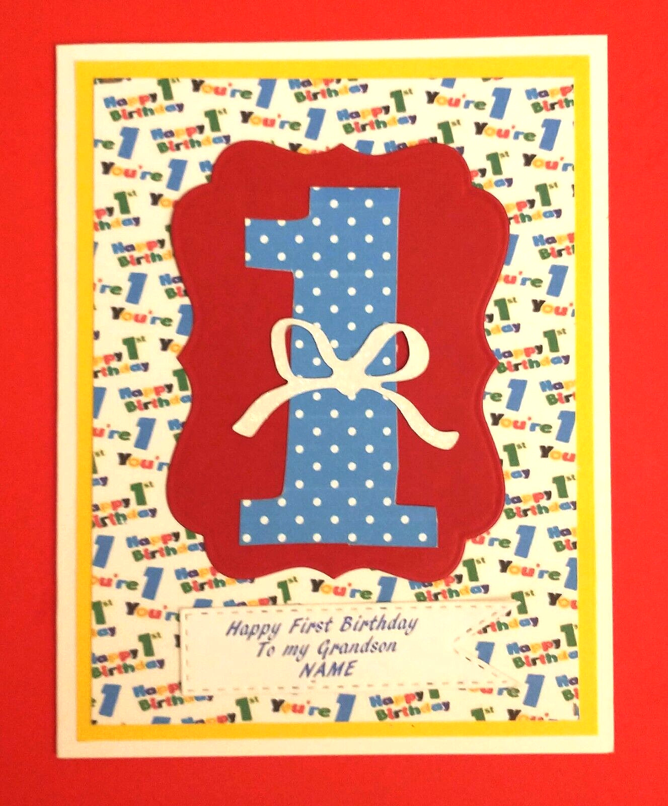 Grandson First Birthday Card with Personalized Name & choice of Verse Inside