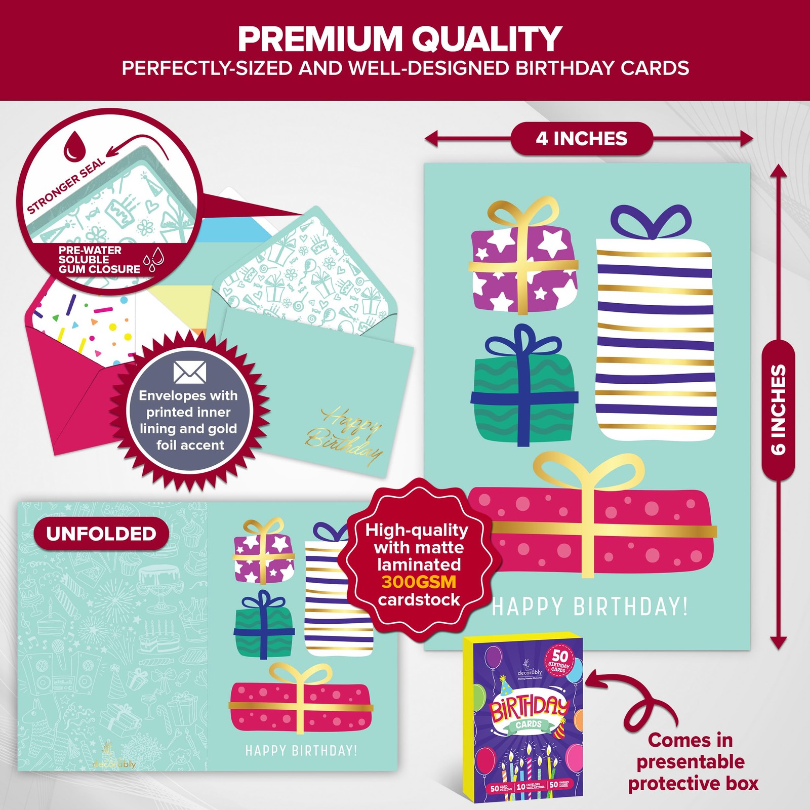 Decorably 50 Pack Foiled & Glittery 6x4in Assorted Adult 6×4 inches, Metallic