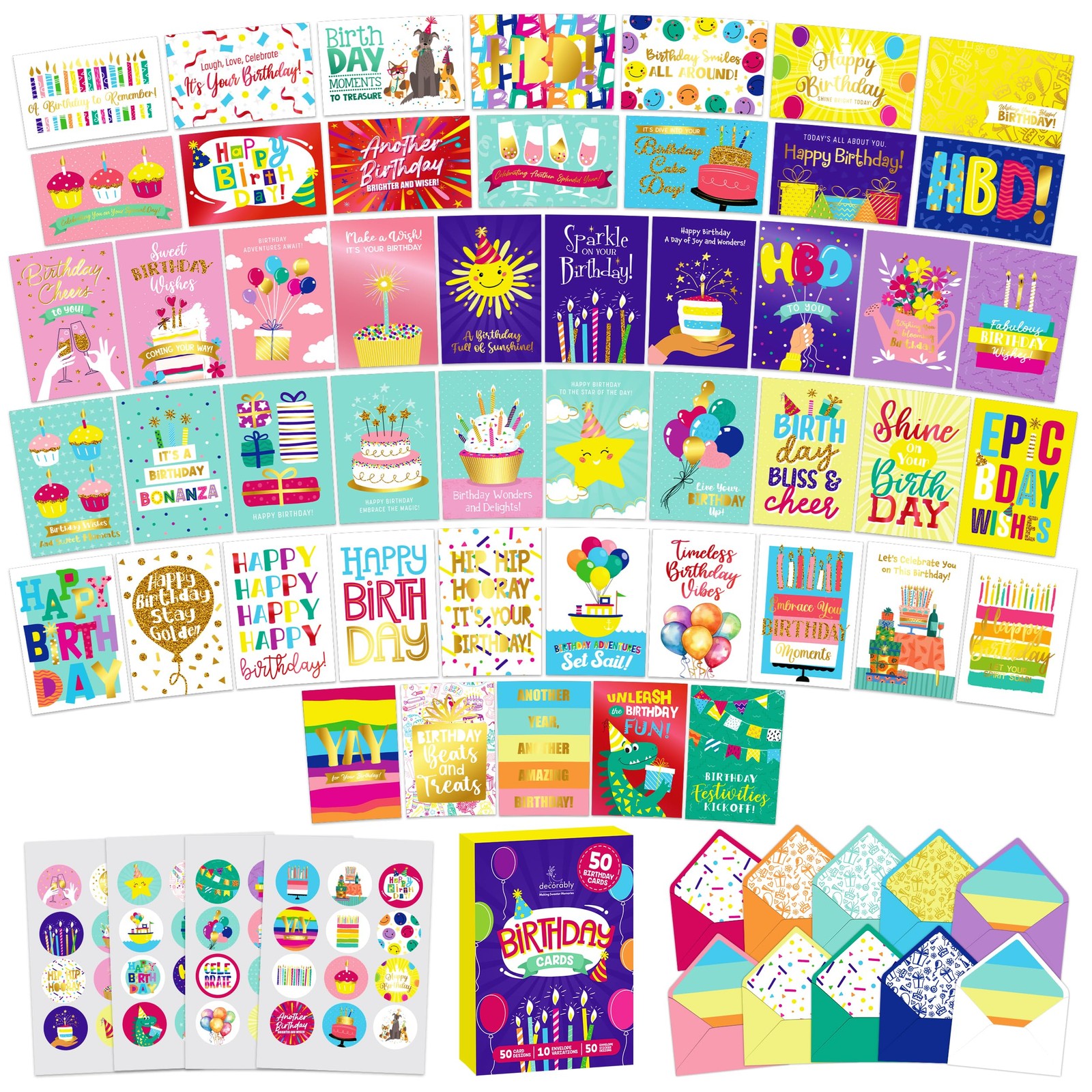 Decorably 50 Pack Foiled & Glittery 6x4in Assorted Adult 6×4 inches, Metallic