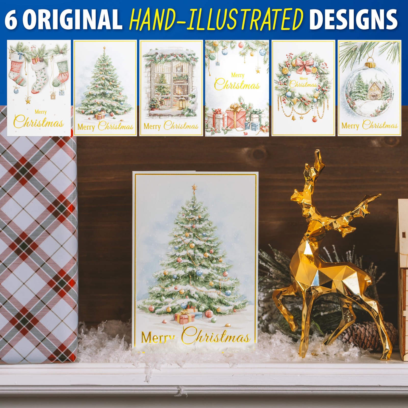 24 Christmas Cards Assortment, Festive Gold Foil Glitter Watercolor Bulk Xmas…