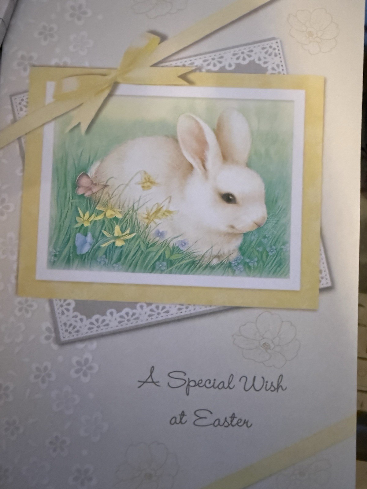 “A Special WIsh at Easter” – Easter Card – white bunny – 5″ X 7″