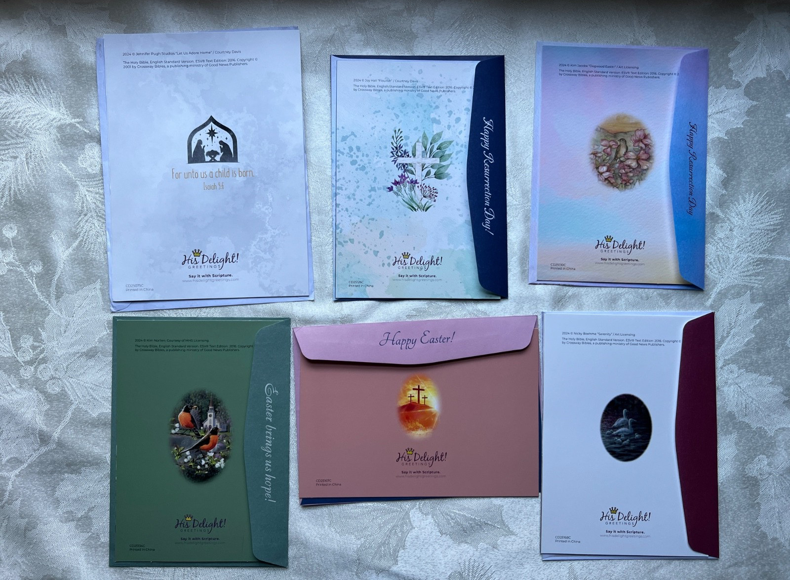 His Delight 5 Easter & 1 Christmas Greeting Cards.