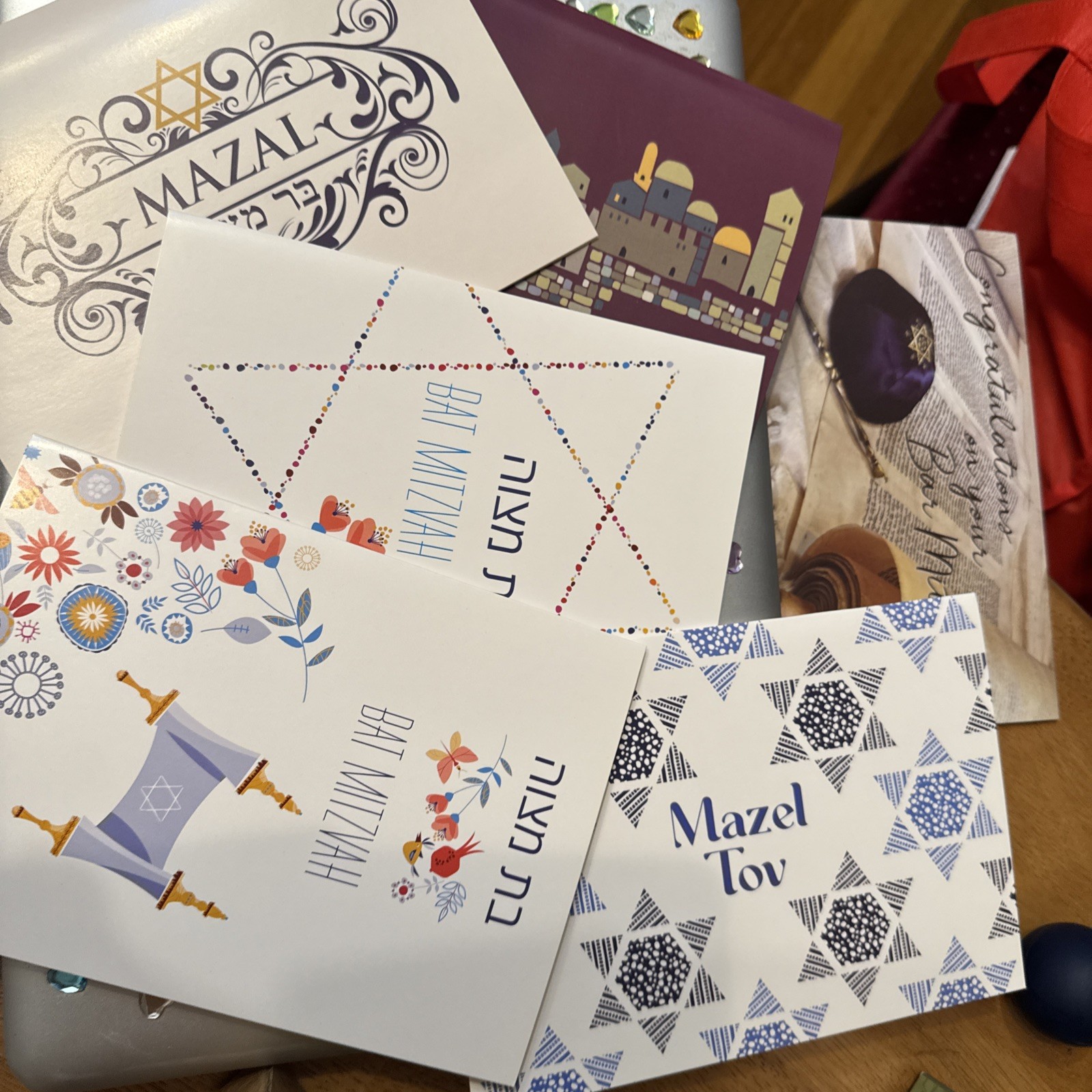 Lot of 12 NEW Jewish Greeting Cards + Envelopes Mazel Tov Bar Bat Mitzvah