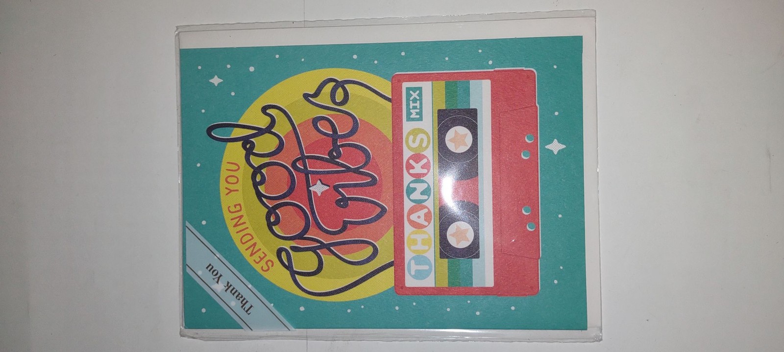 Trader Joes Card Retro Cassette THANKS MIX Good Vibes Teal Single Greeting Card
