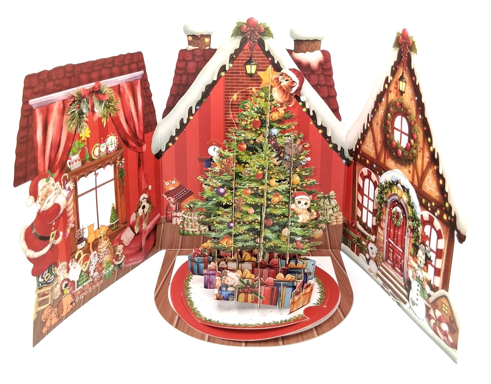 3D Pop Up Christmas Greeting Card Envelope Tree Cats Santa