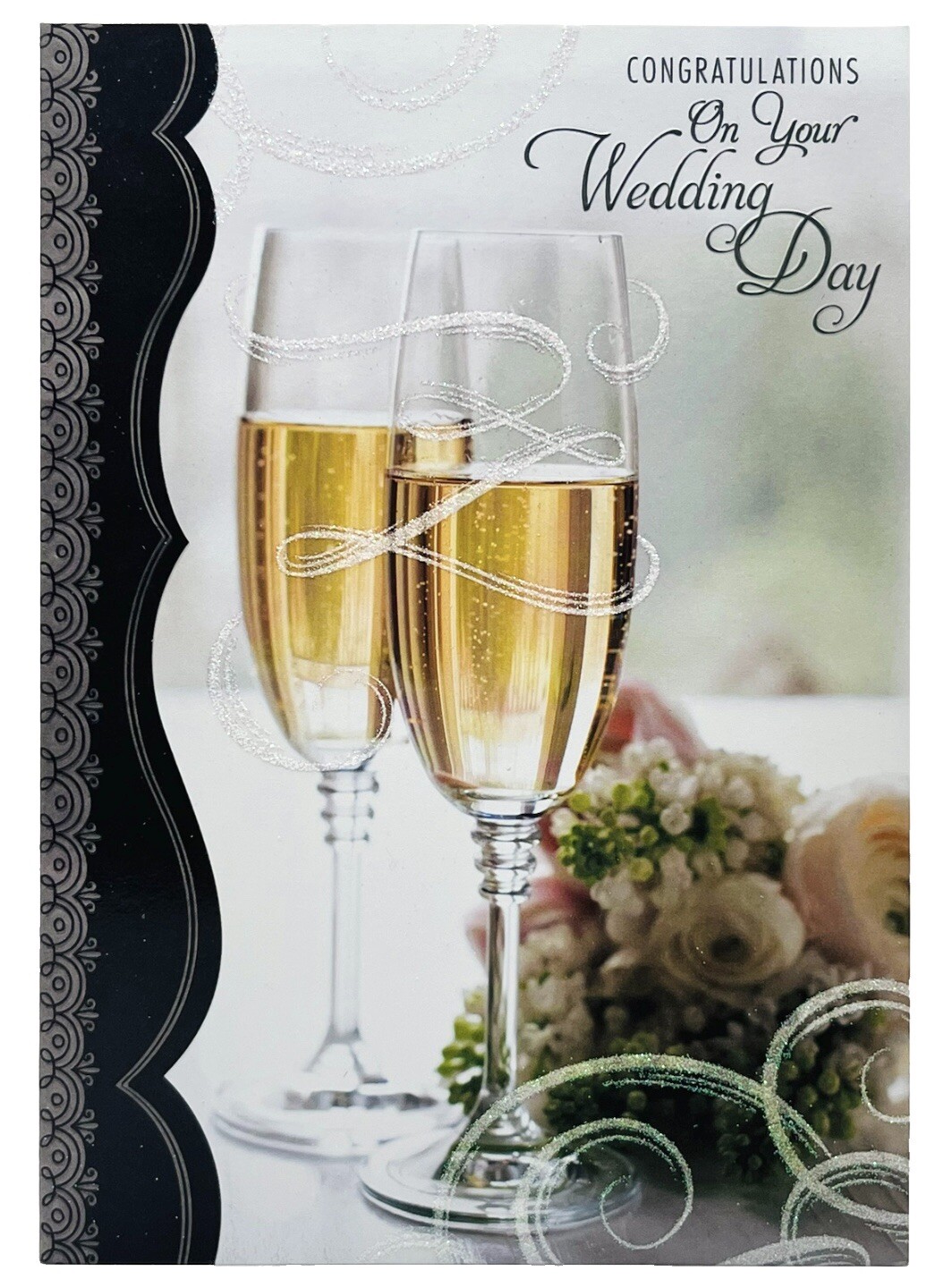 Wedding Card Champagne Glasses Glitter Embossed Designer Greetings Card NEW